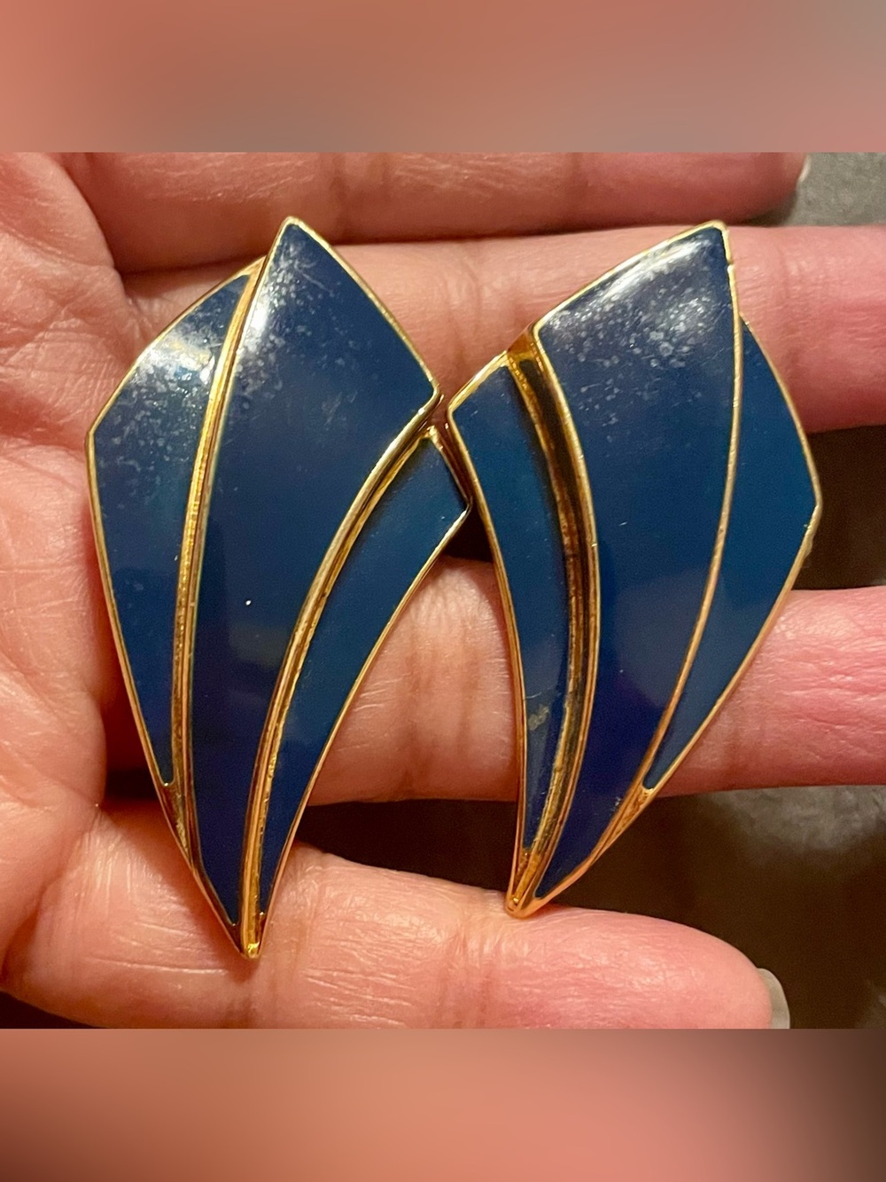 Vintage Gold-Trim Navy Blue Enamel Leaf Earrings - Women Jewelry
